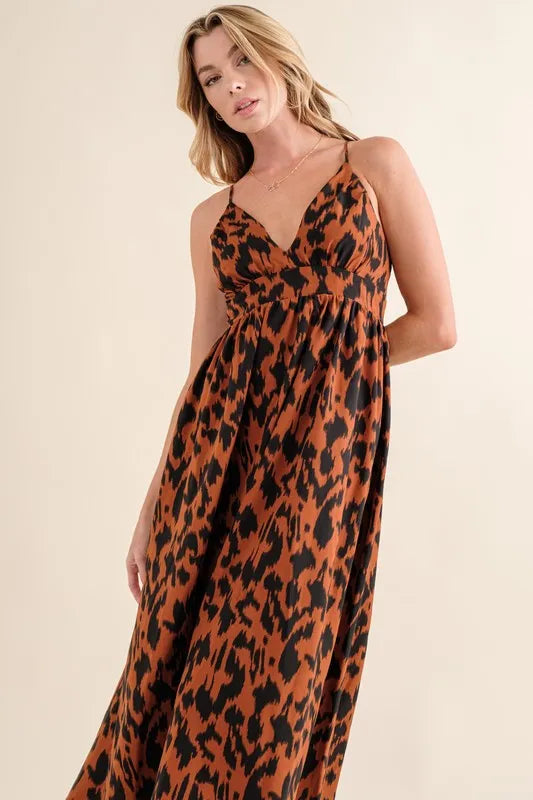 Leopard Print Plunge Maxi Dress in Brown - product view 1