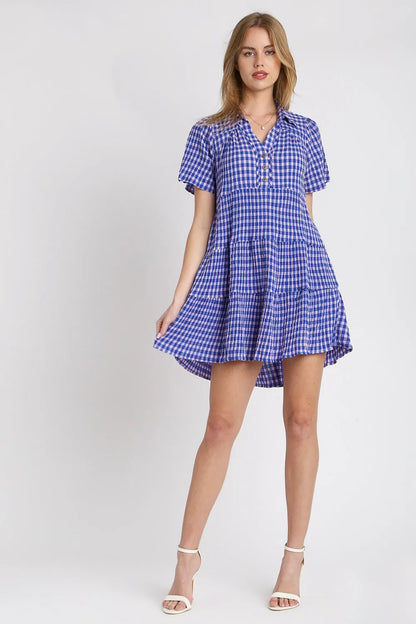 Full Size Gingham Tiered Button Detail Short Sleeve Dress Plus Size - Blue - product view 3