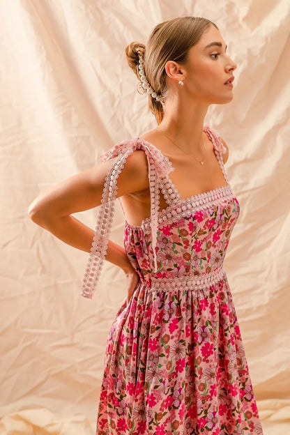 Floral Maxi Dress With Ribbon Tie Lace Strap in Pink Combo - product view 5