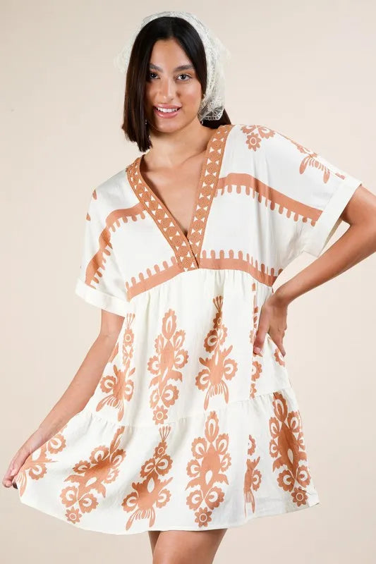 Printed V-Neck Woven Mini Dress in Ivory - product view 4