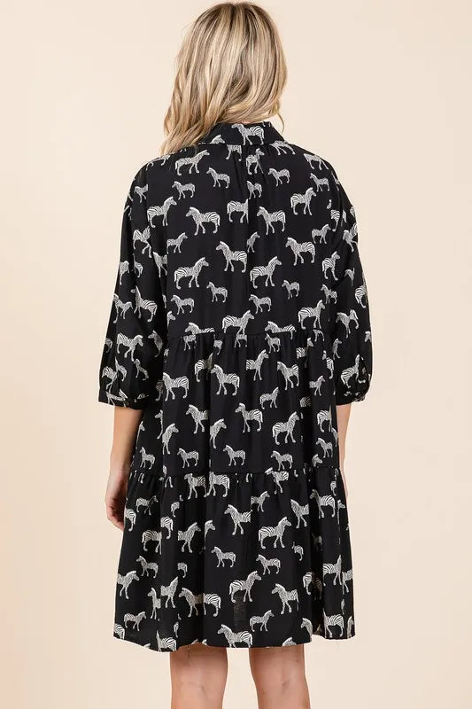 Zebra Print Button Down Shirt Mini Dress - Black - product view 6