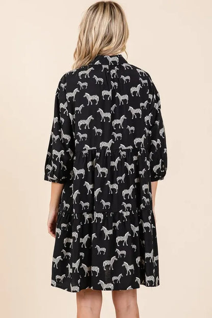 Zebra Print Button Down Shirt Mini Dress - Black - product view 6