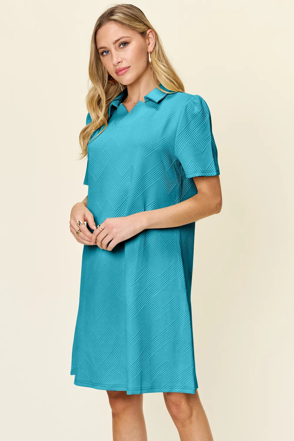 Full Size Texture Collared Neck Short Sleeve Dress in White, Lavender and more - product view 22
