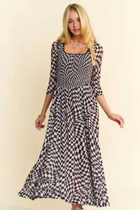 Printed Checker Mesh Flowy Maxi Dress in Black - product view 8