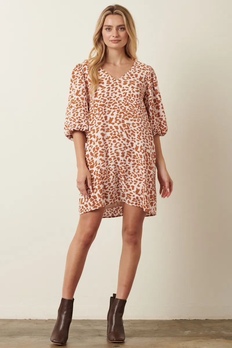 Animal Print Puff Sleeve Mini Dress - Mustard - product view 4