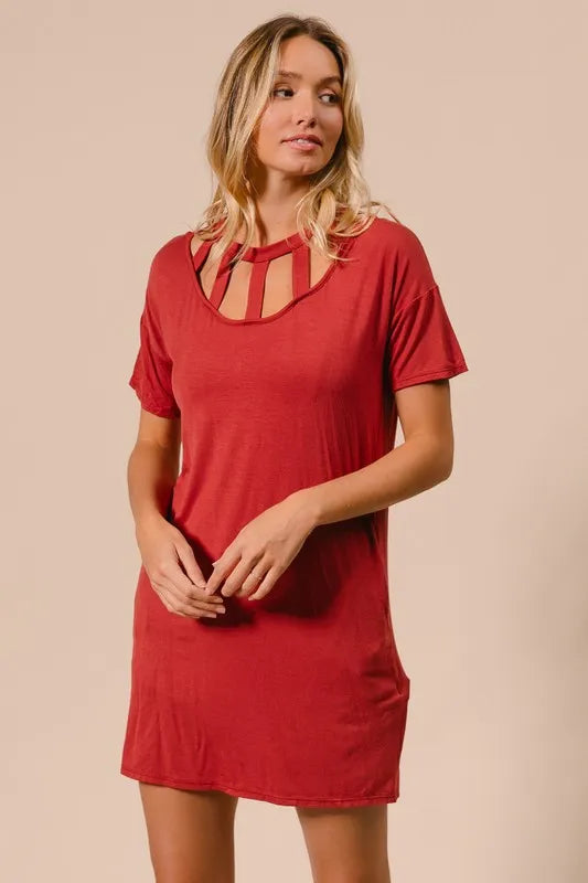 Front Cutout Mini Tee Dress with Pockets in Ginger - product view 2