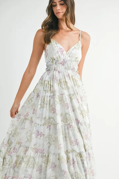Floral Print Tiered Cami Maxi Dress - Green - product view 6