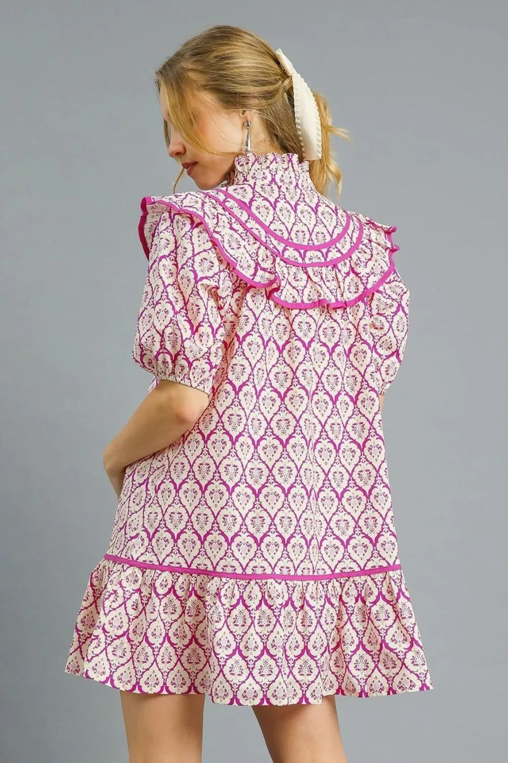 Ruffled Printed Puff Sleeve Mini Dress - Red-Violet - product view 3
