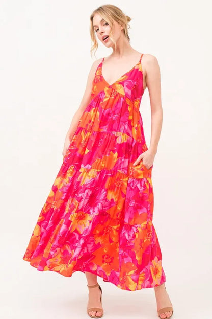 Floral Tiered Maxi Cami Dress with Pockets in Orange Multi - product view 1