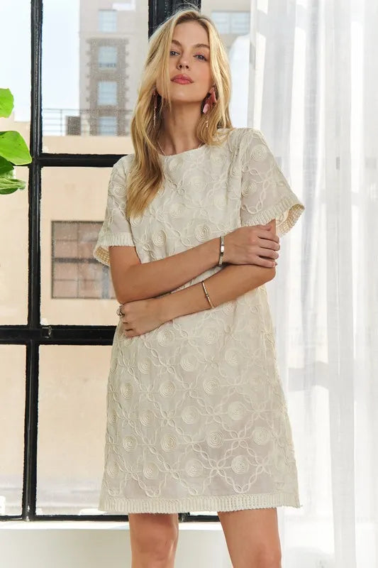 Applique Round Neck Short Sleeve Shift Dress in Beige - product view 9