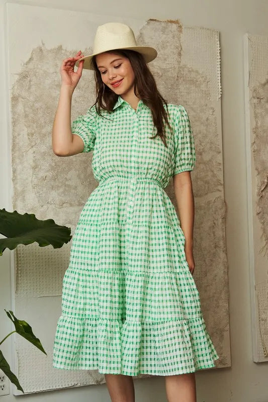 Checkered Puff Sleeve Tiered Shirt Dress in Green - product view 4