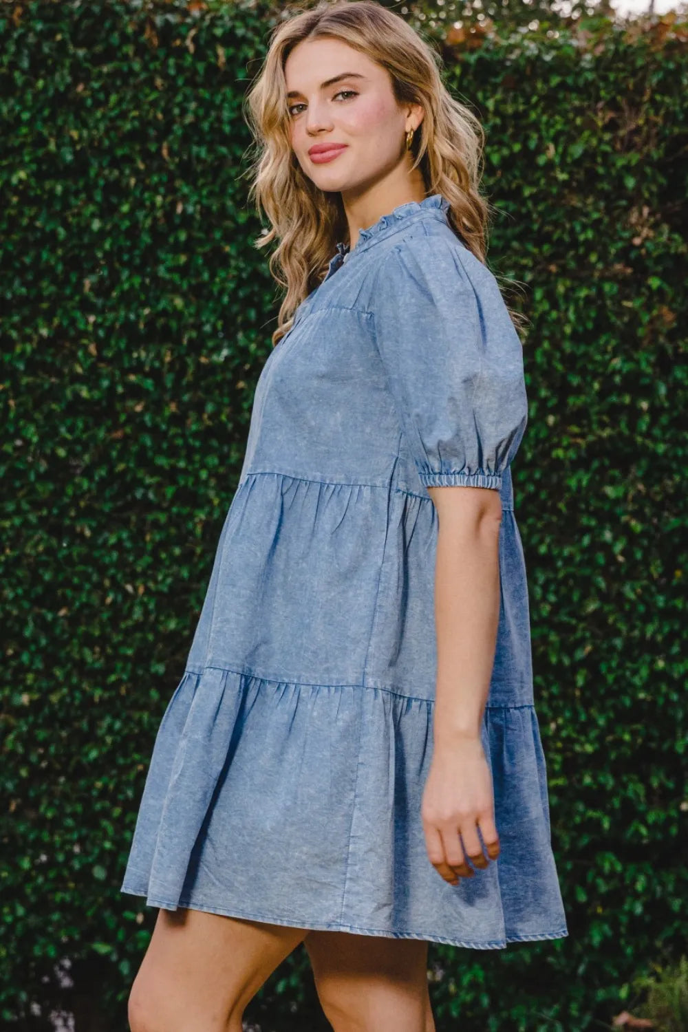 Washed Tiered Mini Denim Dress in Washed Denim - product view 3