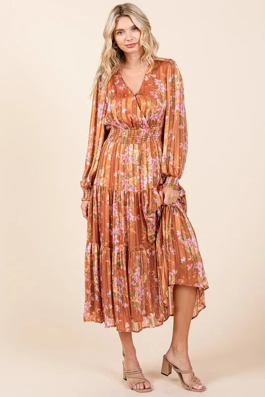Flower Print Satin Lurex Stripe Smocked Midi Dress in Terracotta - product view 8