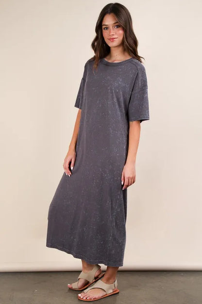 Plus Size Mineral Washed Casual Comfy Midi Dress in Charcoal - product view 1