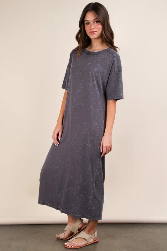 Plus Size Mineral Washed Casual Comfy Midi Dress in Charcoal - product view 1