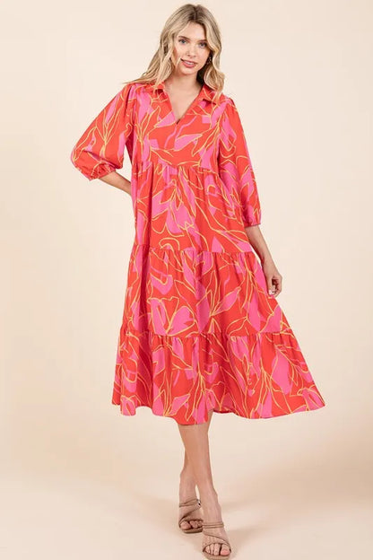 Tiered Printed Collared Neck Midi Dress in Coral - product view 7
