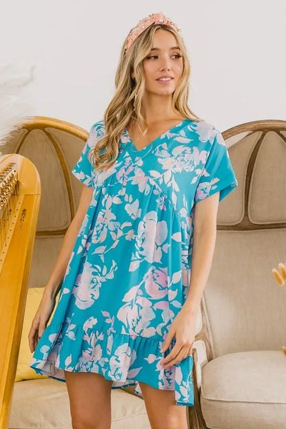 Floral Crinkle Shirred Ruffle Detail V Neck Dress in Soft Blue - product view 16