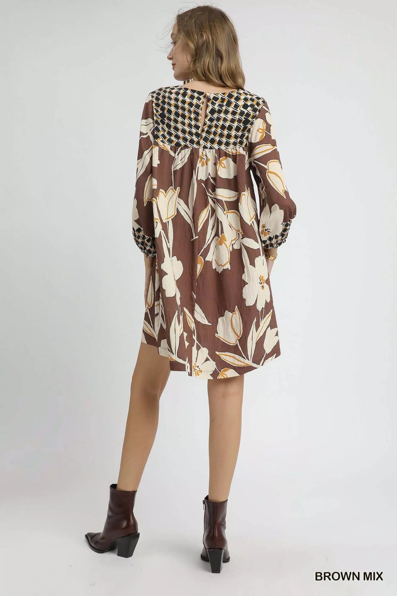 Floral High-Low Babydoll Dress in Brown Mix - product view 3