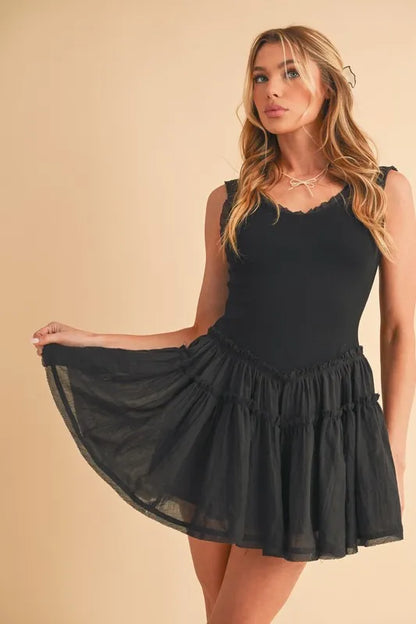 Frill Sleeveless Drop Waist Mini Dress - Black - product view 1
