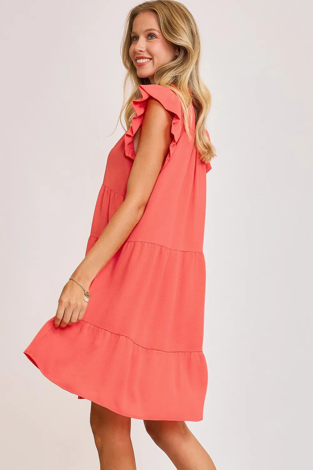 Full Size Johnny Collar Ruffle Cap Sleeve Tiered Dress Plus Size - Strawberry - product view 3