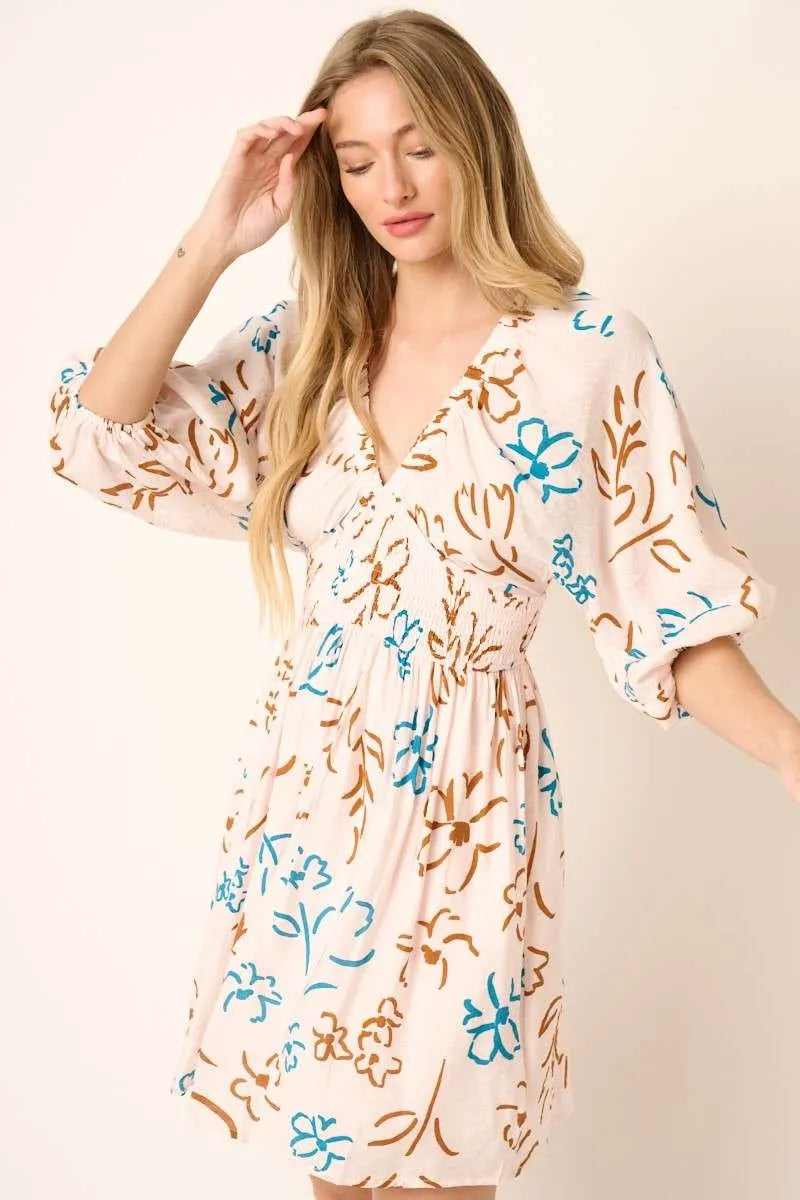 Flower Print Mocked Waist Mini Dress in Teal Combo - product view 3