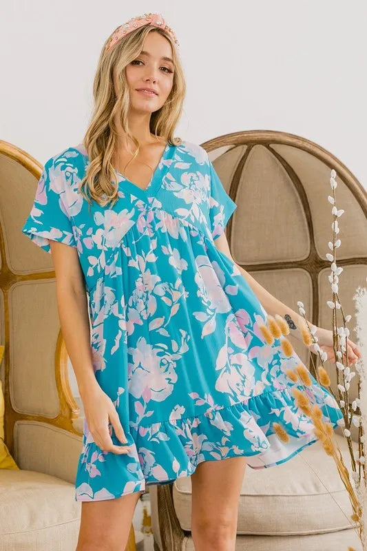 Floral Crinkle Shirred Ruffle Detail V Neck Dress in Soft Blue - product view 5