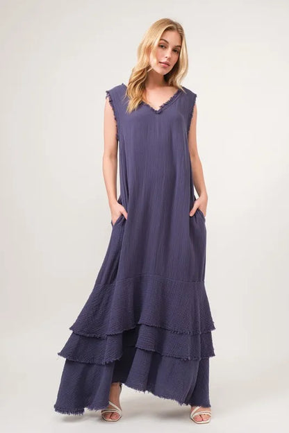 Washed Cotton Gauze Fringe Detail Tiered Dress - Navy - product view 1