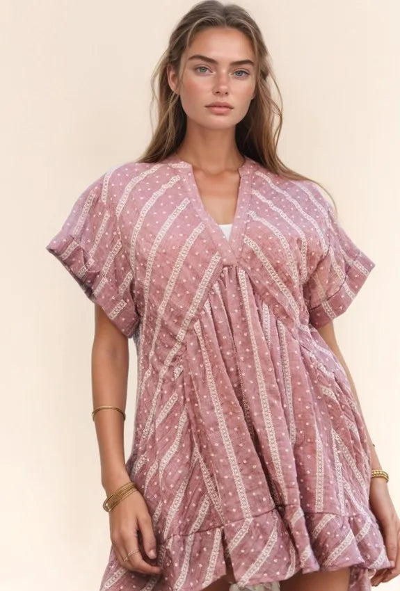 Embroidery V Neck Short Sleeve Ruffled Mini Dress in French Mauve - product view 1