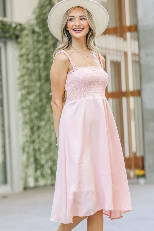 Smocking Open-Back Sleeveless Midi Dress in Pale Pink - product view 4