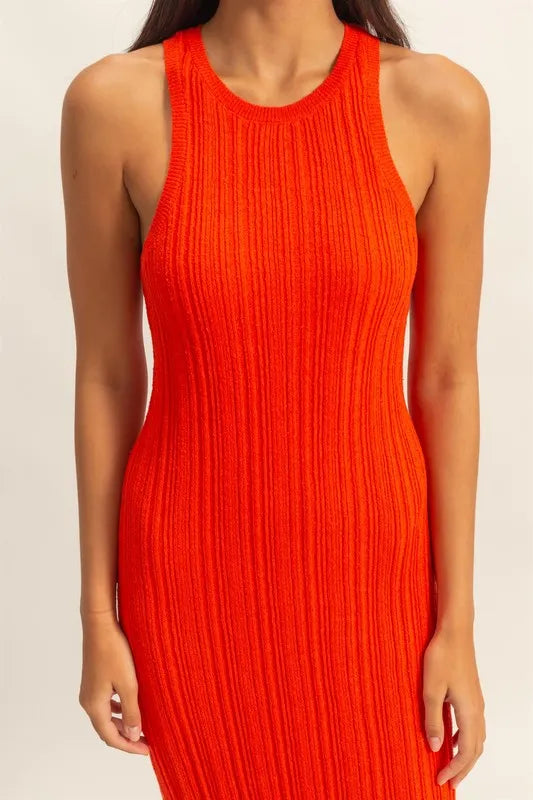 Round Neck Bodycon Ribbed Knit Dress - Tomato - product view 5