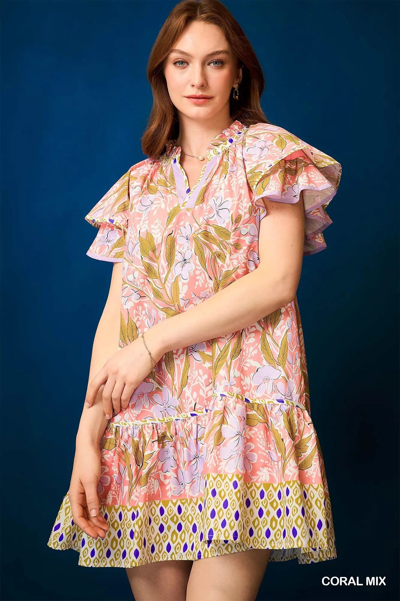 Floral Ruffle-Sleeve Tunic Dress in Coral Mix - product view 1