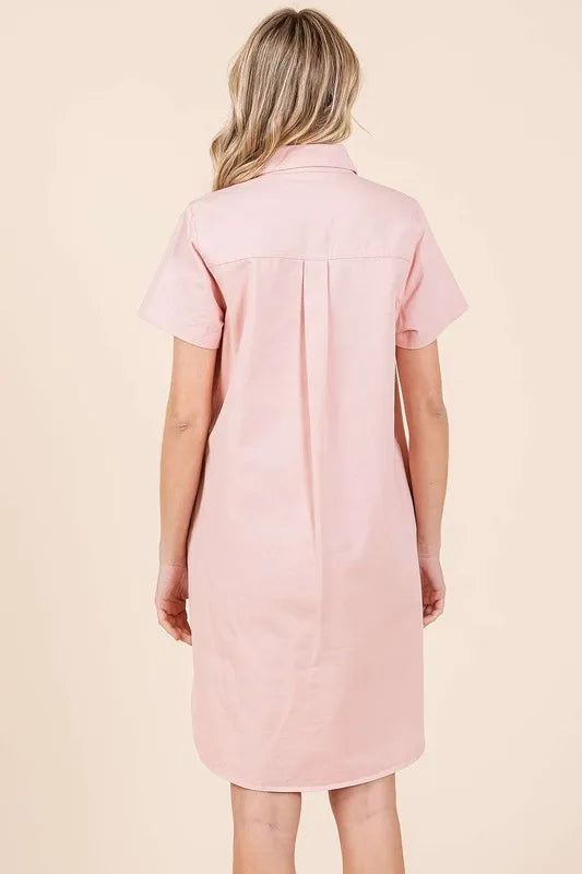 Button Detail Collared Neck Short Sleeve Shirt Dress - Baby Pink - product view 5