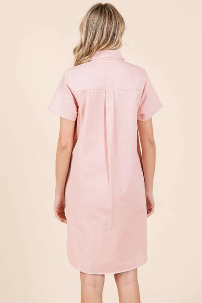 Button Detail Collared Neck Short Sleeve Shirt Dress - Baby Pink - product view 5