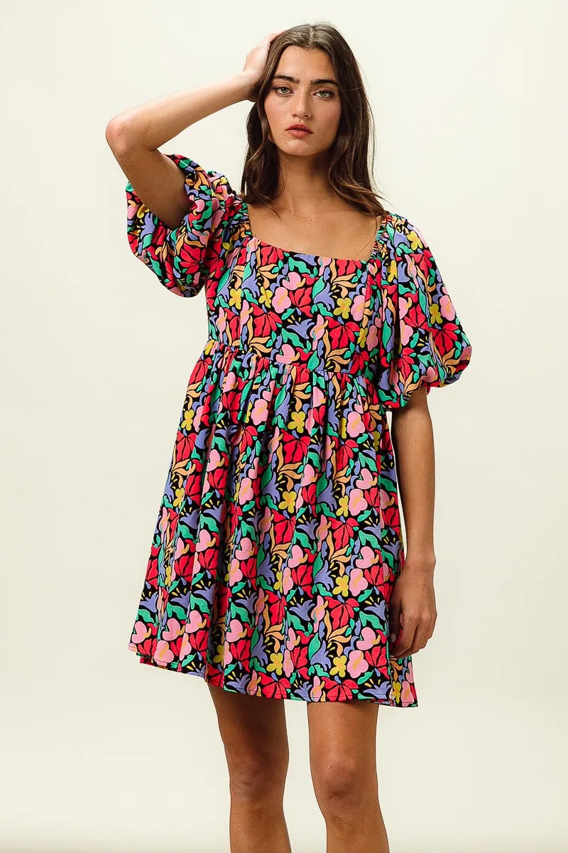 Floral Print Puff Square Neck Dress in Black Multi - product view 19