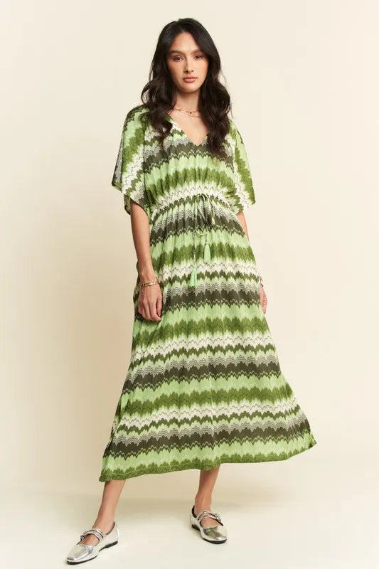 Multi Color Wavy Tie Waist Flowy Sleeve Dress - Sage Multi - product view 3
