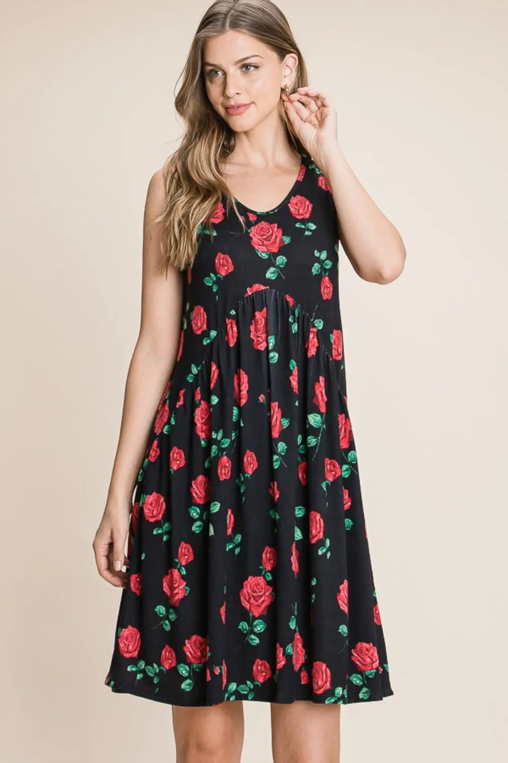 Floral Ruched Tank Dress in Black - product view 4