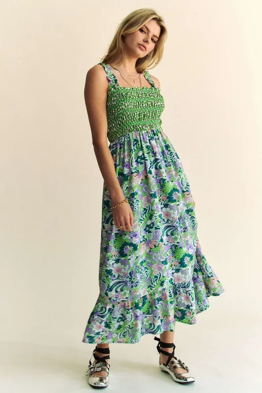 Multi Smocked Bodice Geo Ruffle Strappy Midi Dress - Hunter Green - product view 3