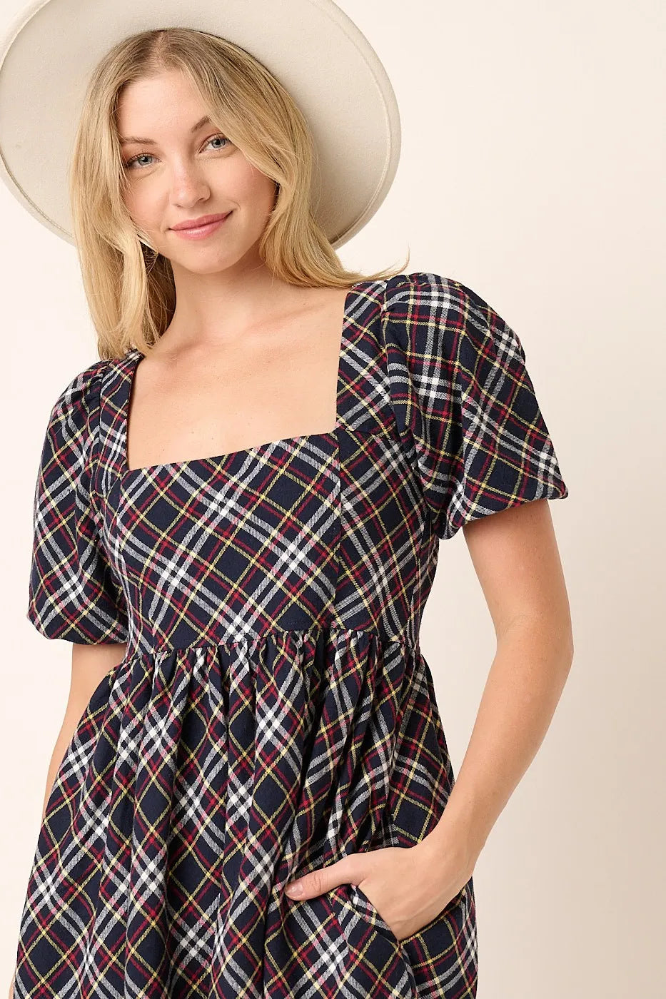 Checkered Print Puff Sleeve Babydoll Mini Dress in Navy - product view 4