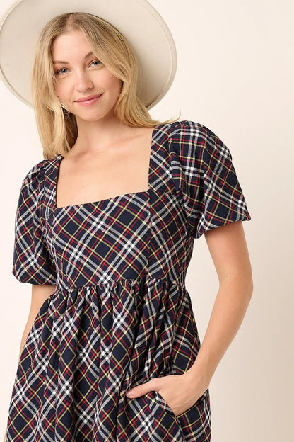 Checkered Print Puff Sleeve Babydoll Mini Dress in Navy - product view 4