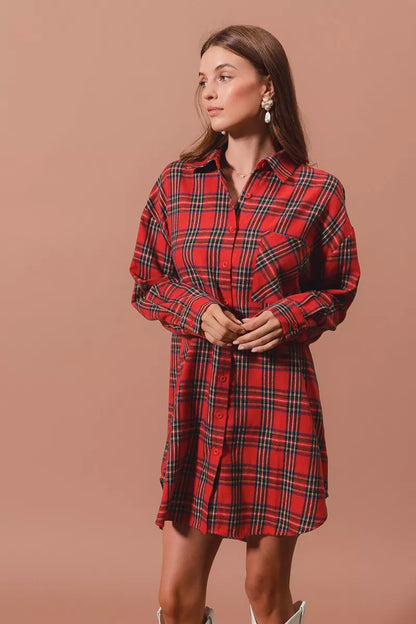 Christmas Checker Plaid Button Up Shirt Dress in Red Multi - product view 9