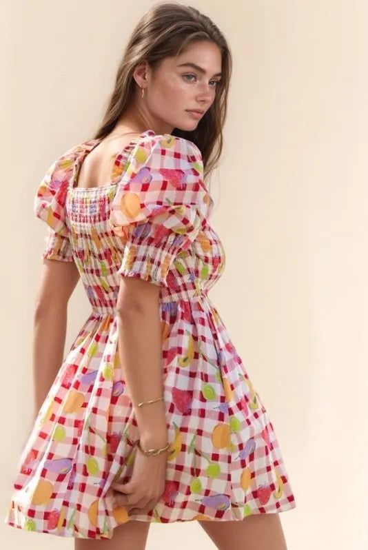 Fruits Printed Smocking Mini Dress - Pink - product view 3