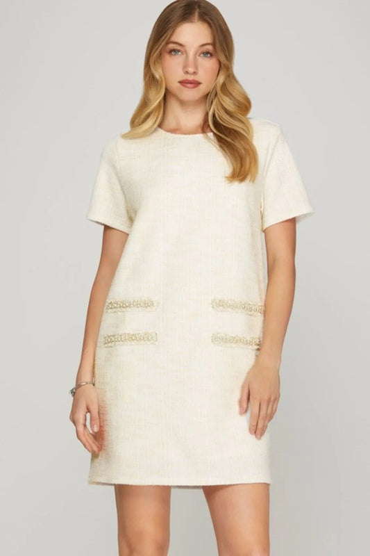Full Size Short Sleeve Pearl Studded Trim Knit Tweed Dress Plus Size - Ivory - product view 1