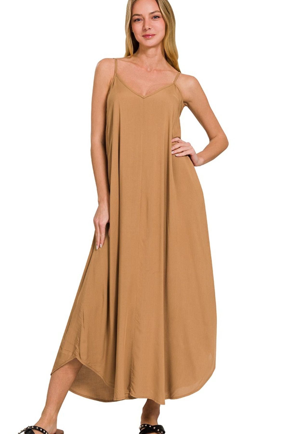 Woven Arc Hem Cami Dress With Flowy Pockets - Deep Camel - product view 4