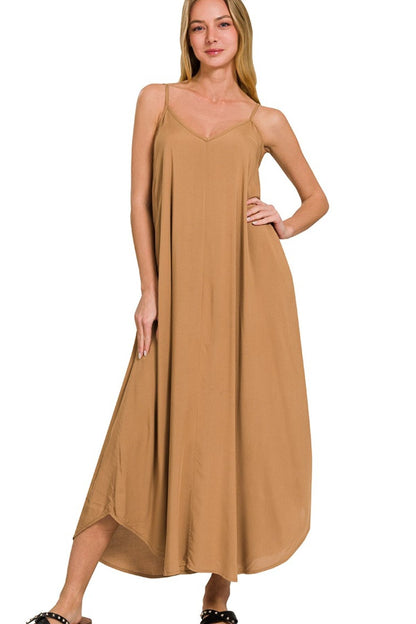 Woven Arc Hem Cami Dress With Flowy Pockets - Deep Camel - product view 4