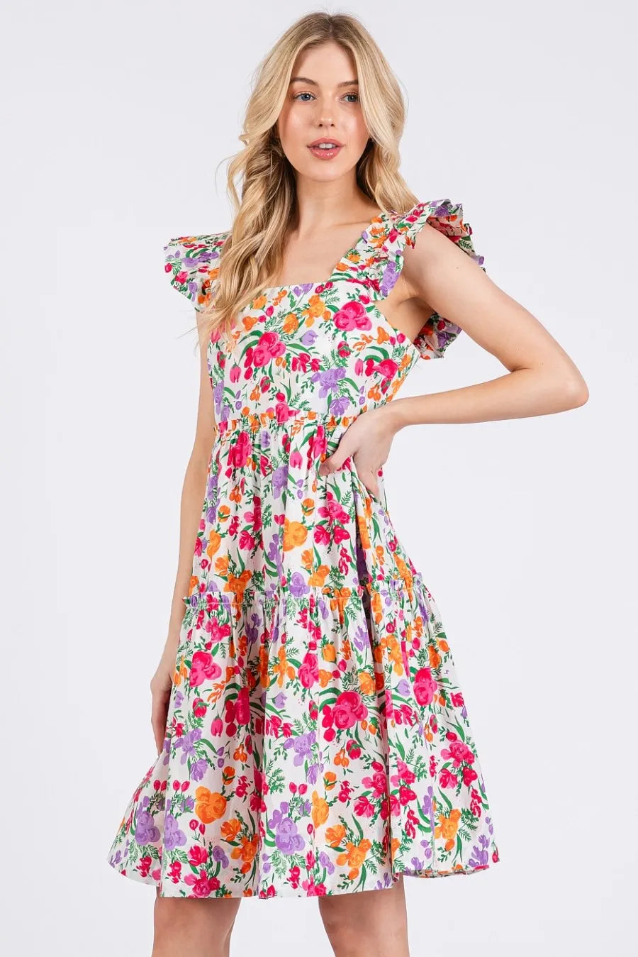 Flower Print Ruffle Shoulder A-line Mini Dress in Ivory Multi - product view 1