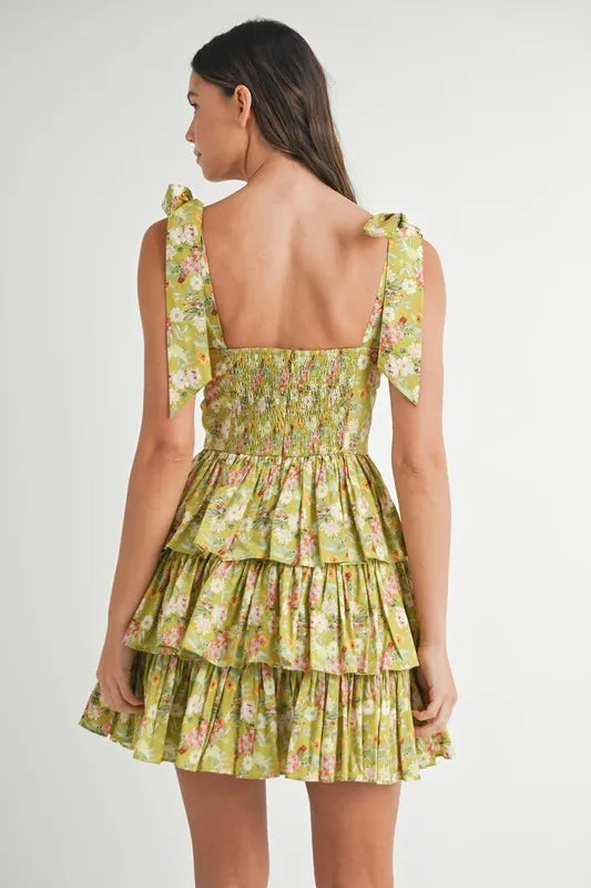 Floral Print Shoulder Tie Layered Mini Dress - Kiwi - product view 7