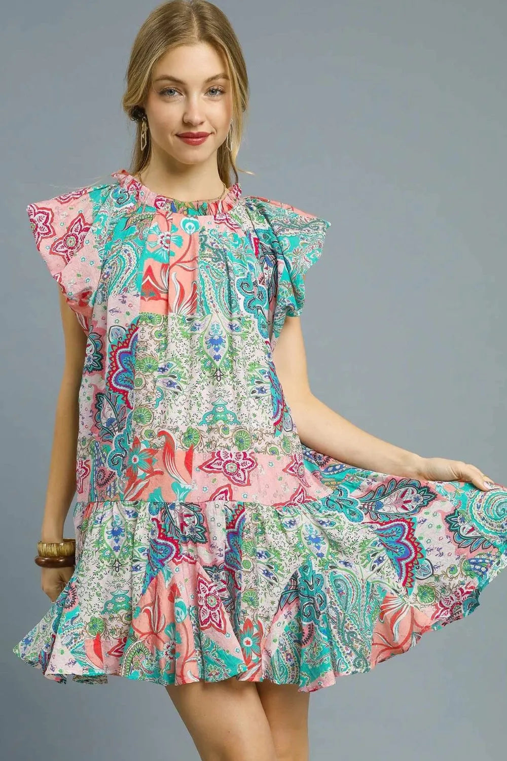 Printed Ruffle Cap Sleeve Mini Dress - Blush Pink - product view 1