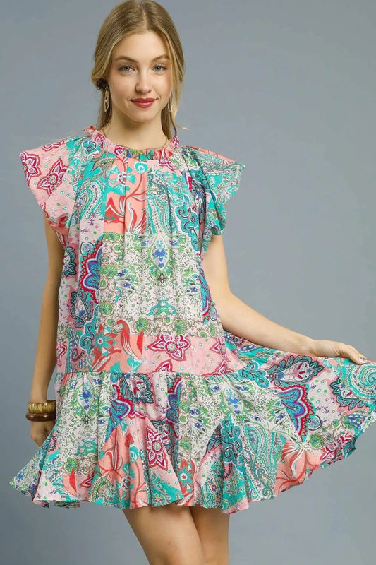 Printed Ruffle Cap Sleeve Mini Dress - Blush Pink - product view 1