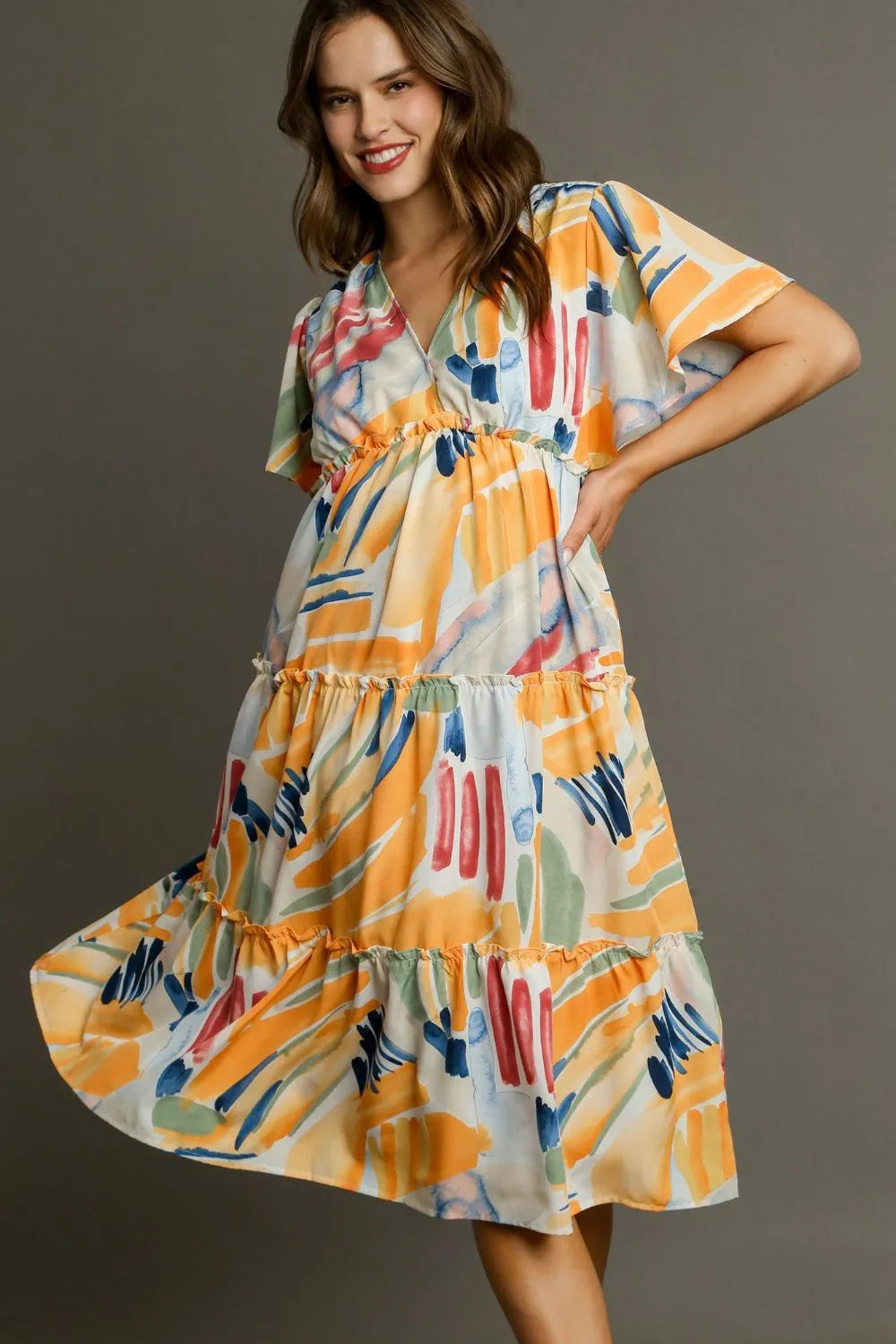 Full Size Abstract Print Flutter Sleeve Frill Tiered Midi Dress Plus Size in Tangerinemix - product view 1
