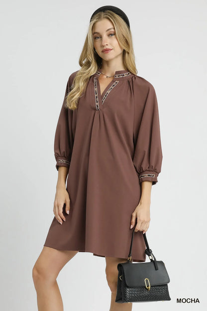 Notched Shift Dress with Trim Detail - Mocha - product view 1